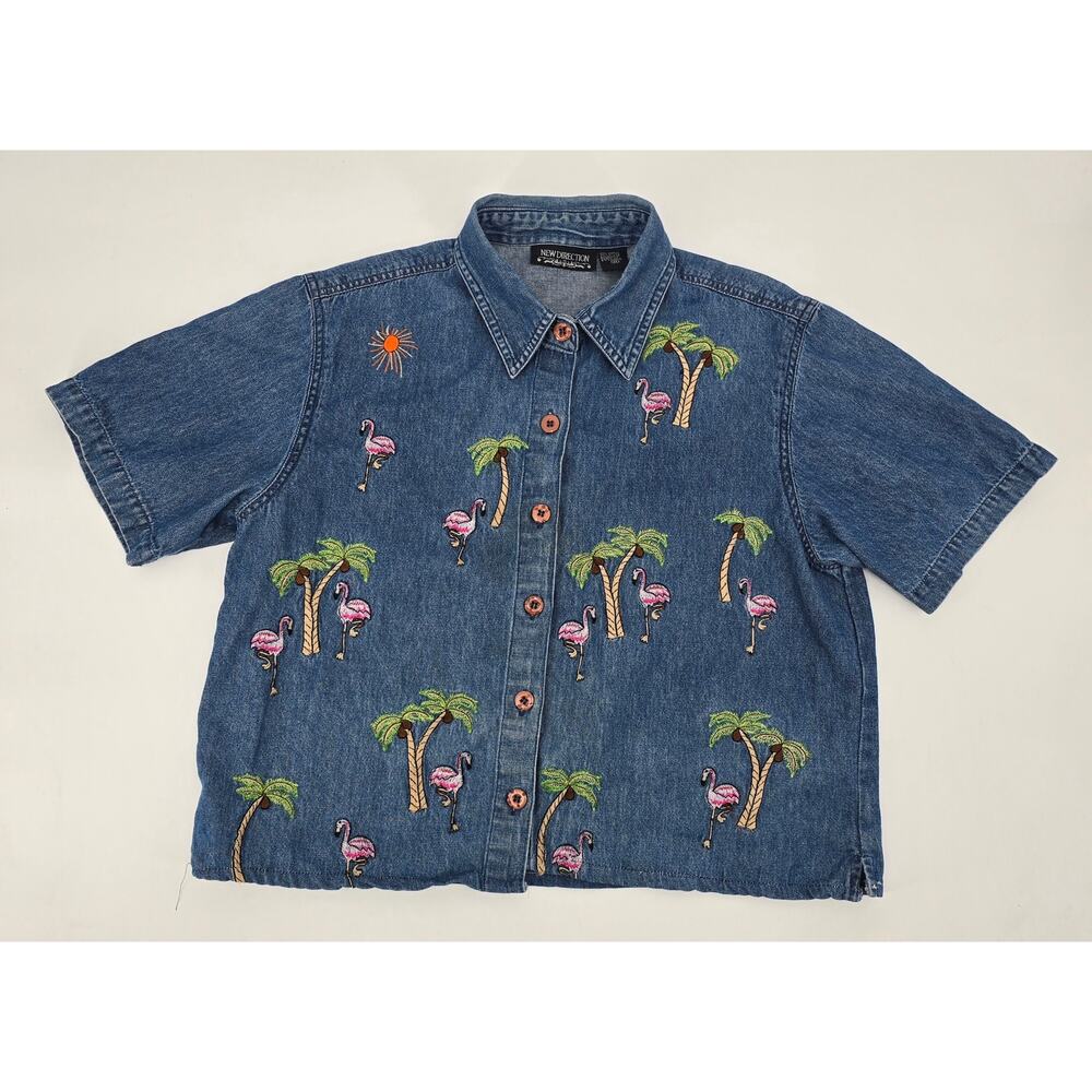 Vintage 90's New Direction Denim Shirt – Flamingo & Palm Tree Embroidery